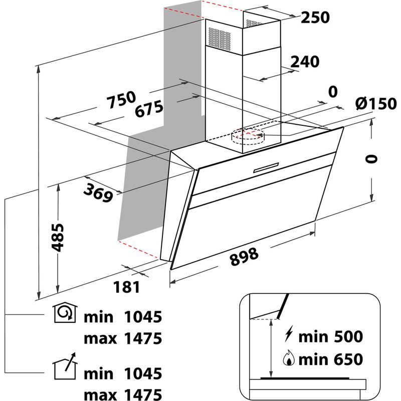 Bauknecht Afzuigkap Inbouw BHVS 91F LT DP K Zwart Bevestigd aan de muur Elektronisch Technical drawing