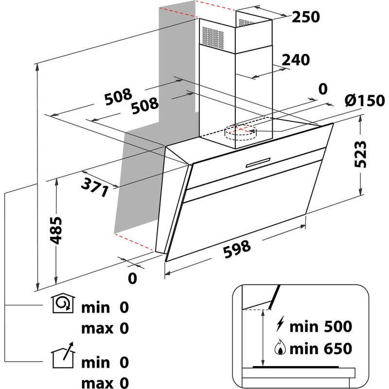Bauknecht Afzuigkap Inbouw BHVS 61F LT DP K Zwart Bevestigd aan de muur Elektronisch Technical drawing